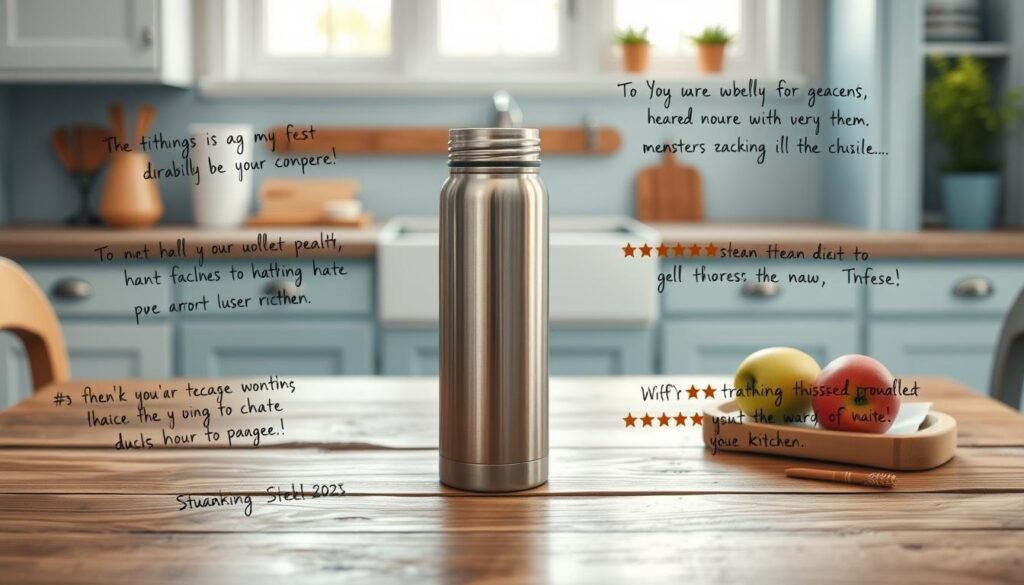 A cozy kitchen with wooden textures and light blue accents sets the stage for user reviews on the durability of a stainless steel thermos. Neatly arranged on a rustic wooden table, the thermos takes center stage, its sleek design and shiny surface reflecting the warm lighting. Surrounding it, handwritten notes and star ratings convey the personal experiences of satisfied customers, highlighting the thermos' robust construction and long-lasting performance. The scene exudes a sense of simplicity and authenticity, inviting the viewer to trust the genuine user feedback presented.