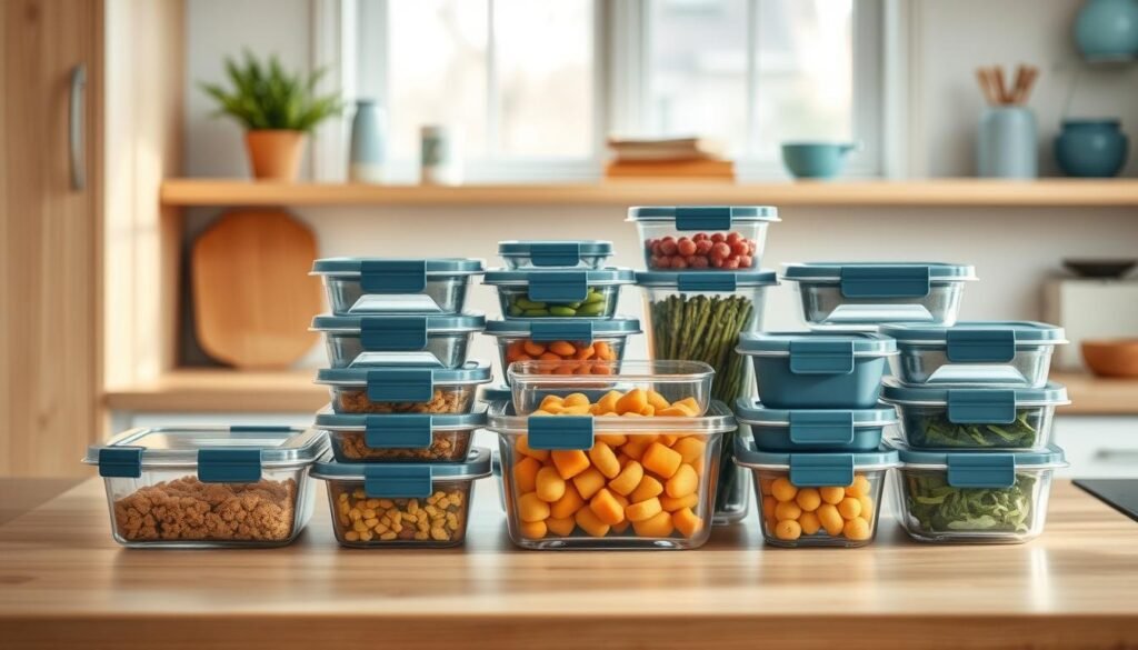 A cozy kitchen with wooden textures and light blue accents showcases a collection of meal prep containers in various shapes and sizes, arranged neatly on a minimalist countertop. The containers, made of durable materials like glass and BPA-free plastic, are illuminated by soft, natural lighting, highlighting their practical features and efficient designs. The scene conveys a sense of organization and intentionality, inviting the viewer to consider the best storage solutions for their family's meal preparation needs.