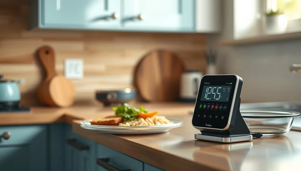 A cozy kitchen with wooden textures and light blue accents showcases a "Prepistry" food temperature control display. On the counter, a digital thermometer monitors the precise temperature of a freshly prepared lunch meal, ensuring optimal food safety. Soft, natural lighting illuminates the scene, emphasizing the importance of proper temperature regulation during meal prep. The minimalist, uncluttered design underscores the simplicity and effectiveness of this temperature control system, ideal for maintaining food safety in a home or small commercial kitchen.