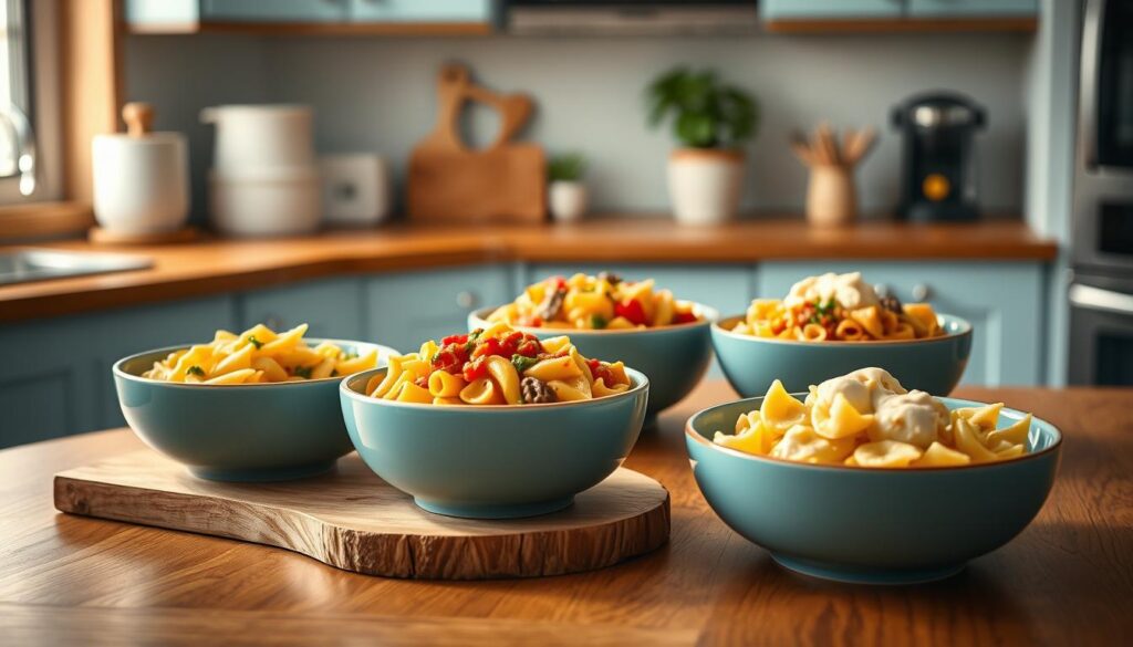 A cozy kitchen with wooden textures and light blue accents showcases a variety of reheatable pasta dishes. Steaming bowls of penne, fusilli, and farfalle sit atop a wooden table, their vibrant sauces - marinara, pesto, and creamy alfredo - beckoning to be enjoyed. The scene is illuminated by soft, natural lighting, creating a warm and inviting atmosphere. The pasta dishes stand ready to nourish busy office workers, their convenient reheating capabilities making them an essential part of any on-the-go meal prep routine.