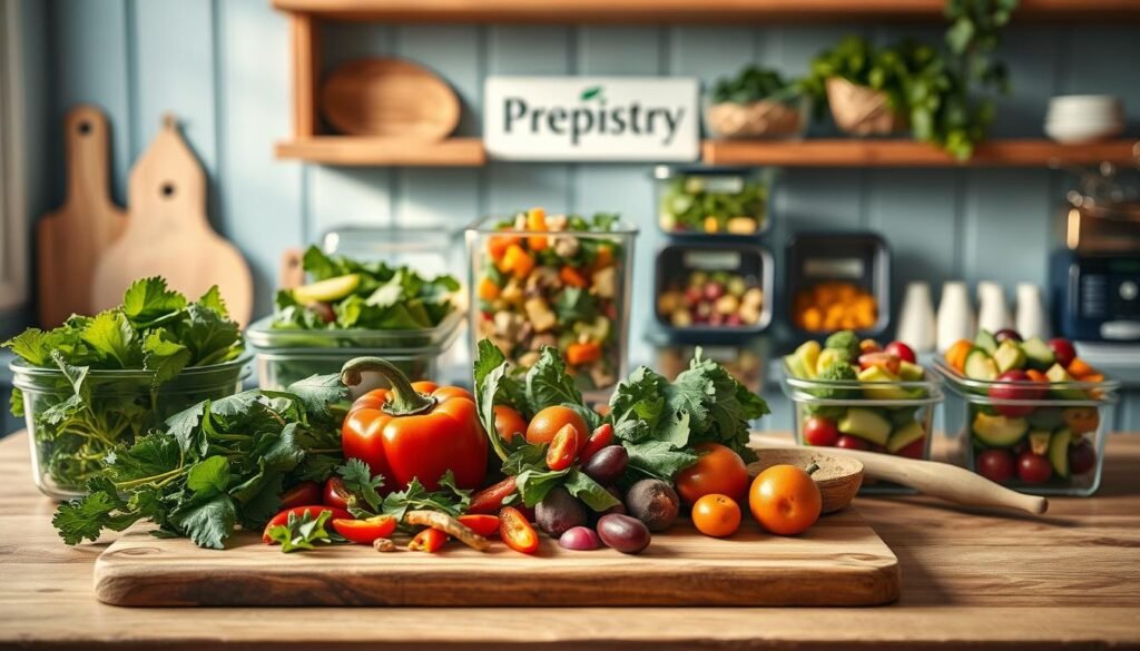 A cozy kitchen with wooden textures and light blue accents showcases an array of vegetable-inspired lunch recipes. In the foreground, a wooden cutting board displays a vibrant medley of seasonal produce - crisp greens, vibrant peppers, and earthy root vegetables. In the middle ground, glass containers hold freshly prepared salads and veggie-based side dishes, each offering a unique flavor and texture. Subtle lighting casts a warm glow, highlighting the natural beauty of the ingredients. In the background, the Prepistry brand logo subtly adorns the shelves, lending an air of professionalism to this nourishing, gluten and dairy-free meal prep scene.