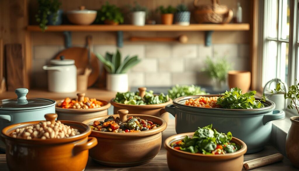 A cozy kitchen with wooden textures and light blue accents showcases an array of plant-based slow cooker recipes. Vibrant vegetables, hearty legumes, and aromatic herbs simmer in earthenware pots, emitting tantalizing scents. The scene is illuminated by soft, natural lighting, capturing the comforting atmosphere of a nourishing, plant-based meal. Minimal decor allows the ingredients to take center stage, inviting the viewer to imagine the delicious, wholesome flavors. The absence of any hands or distractions keeps the focus on the delectable, slow-cooked plant-based dishes, perfectly suited for the 