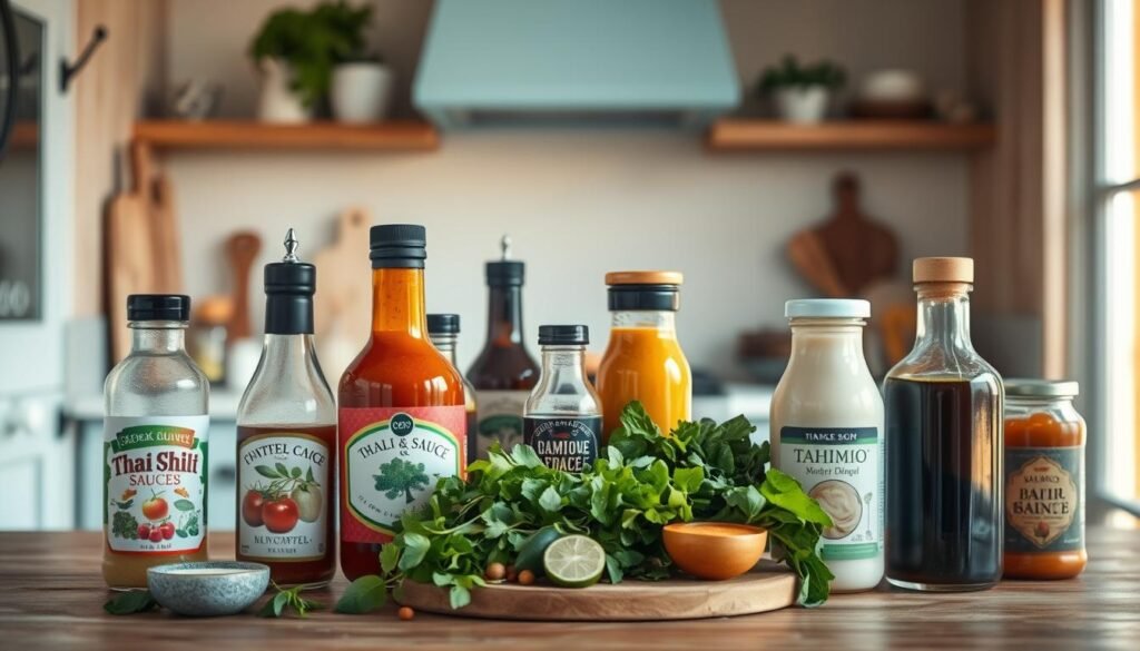 A cozy kitchen with wooden textures and light blue accents showcases an assortment of global sauces and dressings. In the foreground, a variety of bottles and jars contain vibrant condiments like Thai chili sauce, balsamic glaze, and creamy tahini dressing. The middle ground features fresh herbs, spices, and leafy greens, hinting at the flavorful possibilities. In the background, a minimalist setup with clean lines and natural light creates an inviting atmosphere, inspiring culinary creativity. The scene evokes a sense of worldly exploration, ready to infuse everyday meals with the essence of diverse cuisines.