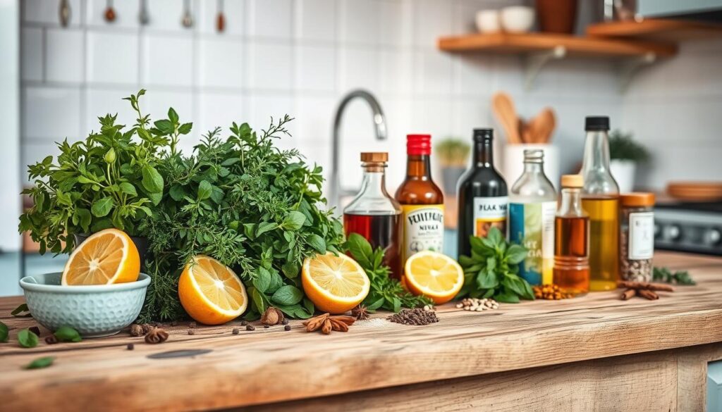 A cozy kitchen with wooden textures and light blue accents showcases an assortment of natural flavor boosters without extra calories. Fresh herbs, citrus wedges, spices, and aromatic vinegars are artfully arranged on a rustic wooden surface, creating a visually appealing and appetizing display. Soft, natural lighting casts a warm glow, highlighting the vibrant colors and textures of the ingredients. The scene conveys a sense of simplicity, healthfulness, and culinary creativity, inviting the viewer to explore new ways to enhance the flavors of their meals without adding unwanted calories.