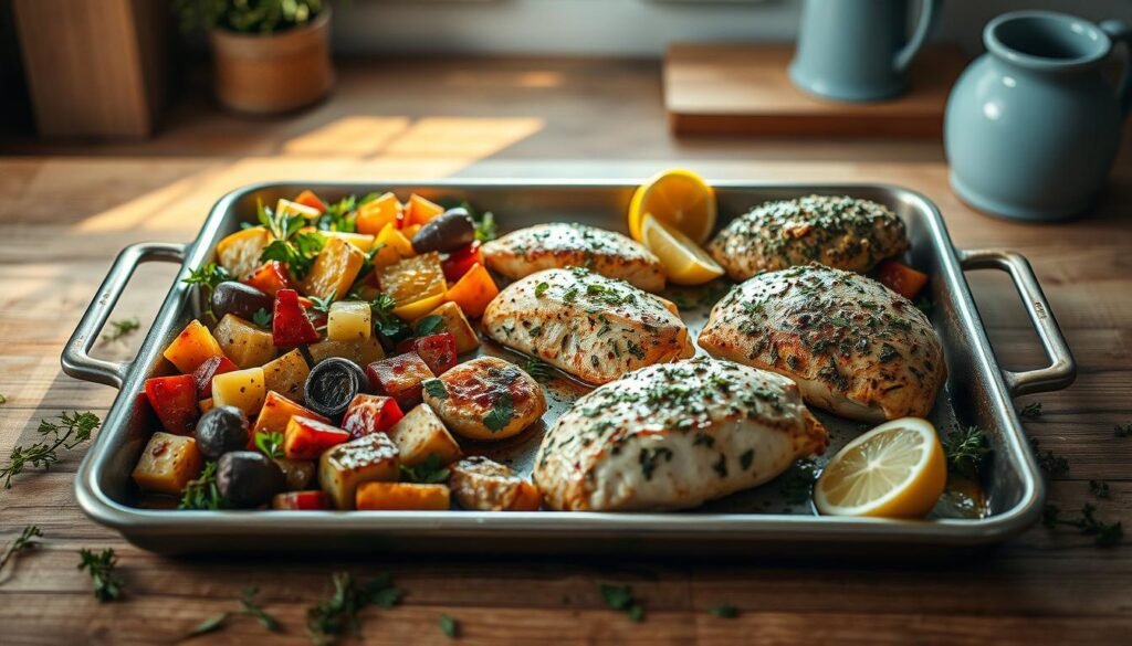A cozy kitchen with wooden textures and light blue accents. On the center of a sheet pan, an array of creative and varied dishes - roasted vegetables, baked fish, and herb-crusted chicken - sizzling under warm, soft lighting. The pan is surrounded by scattered fresh herbs, lemon wedges, and a drizzle of olive oil, creating a vibrant, appetizing scene. The composition emphasizes the versatility and flavor-packed nature of sheet pan cooking, inspiring the viewer to experiment with new and delicious recipe ideas.