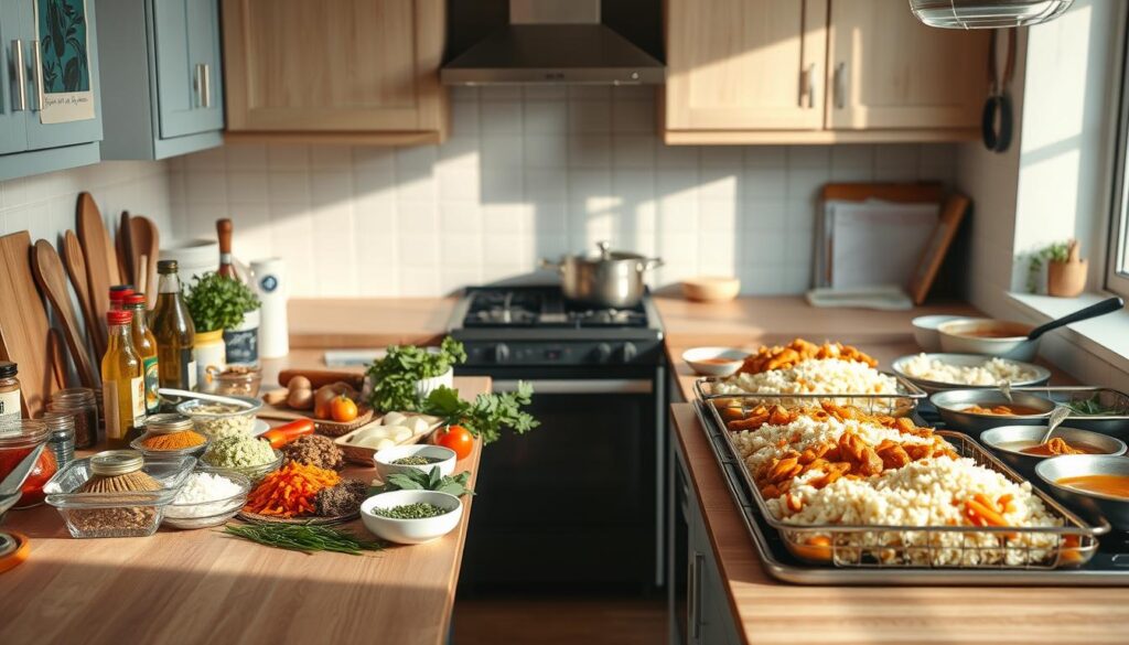A cozy kitchen with wooden textures and light blue accents. On the countertop, two meal prep scenarios are presented side-by-side. On the left, a variety of Indian spices, herbs, and fresh ingredients are neatly arranged, representing the ingredient prepping method. On the right, a large batch of simmering curry, rice, and side dishes showcase the batch cooking approach. The lighting is warm and inviting, with soft shadows casting a subtle glow on the scene. The camera angle captures the full width of the kitchen, allowing the viewer to appreciate the contrasting methods in a single frame.