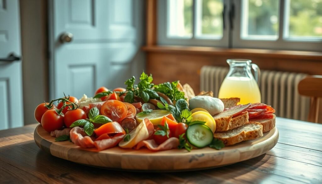 A cozy, minimal Italian kitchen with wood-paneled walls and light blue accents. On a simple wooden table, a bountiful spread of antipasti: juicy tomatoes, crisp cucumbers, fragrant basil, creamy burrata, cured meats, and crusty bread. Sunlight filters through the windows, casting a warm glow over the carefully arranged scene. Beside the platter, a carafe of cool, refreshing lemonade waits to be poured. The atmosphere is one of relaxed elegance, inviting the viewer to savor the flavors of an authentic Italian cold lunch.