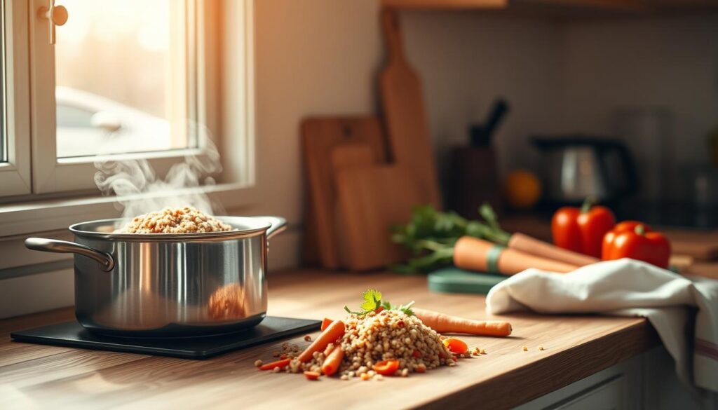 A cozy, minimal kitchen bathed in warm, natural light. On a wooden countertop, a pot of quinoa simmers gently, steam rising in delicate wisps. Crisp, colorful vegetables - carrots, bell peppers, and fresh herbs - are neatly arranged nearby, ready to be incorporated into a vibrant quinoa salad. The scene exudes a sense of calm and domesticity, inviting the viewer to imagine the delicious, nourishing meal to come.