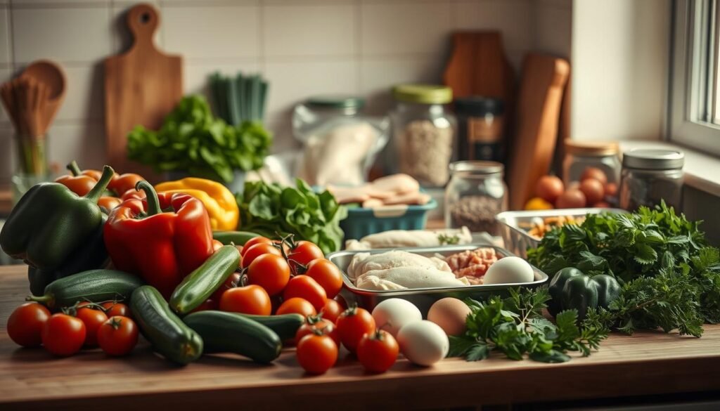 A cozy, minimal kitchen counter filled with an assortment of customizable meal prep ingredients. In the foreground, a variety of fresh vegetables like bell peppers, zucchini, and cherry tomatoes, arranged artfully. In the middle ground, various proteins such as chicken breasts, eggs, and plant-based alternatives. In the background, glass jars containing spices, herbs, and other seasonings. Warm, natural lighting from a window illuminates the scene, casting soft shadows and highlighting the textures of the wooden surfaces. The overall mood is one of organization, simplicity, and the promise of a nourishing, personalized breakfast.