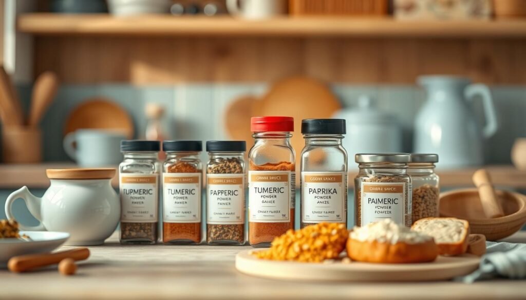 A cozy, minimal kitchen environment with wooden textures and light blue accents. An artful arrangement of various spice jars, including turmeric, cumin, paprika, garlic powder, and onion flakes, showcasing the diverse flavors that can elevate a simple breakfast sandwich. The spices are strategically positioned against a neutral background, creating a sense of balance and highlighting their vibrant hues. The lighting is soft and diffused, casting a warm glow that enhances the natural textures and colors. The overall mood is one of simplicity, sophistication, and a celebration of global culinary influences.