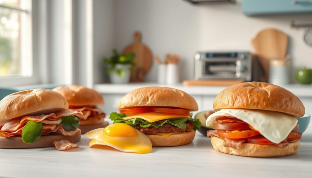 A cozy, minimal kitchen environment with wooden textures and light blue accents. In the foreground, an assortment of customizable breakfast sandwich ingredients are neatly arranged: fluffy brioche buns, crispy bacon, perfectly cooked eggs, melty cheese slices, and an array of fresh toppings like spinach, tomatoes, and avocado. The middle ground features a clean, white countertop with a stainless steel toaster oven, hinting at the ability to warm and assemble the sandwiches. The background showcases a simple, light-filled space with a hint of natural greenery, creating a warm and inviting atmosphere. The overall scene conveys the idea of a personalized, high-quality breakfast experience with endless possibilities for customization.