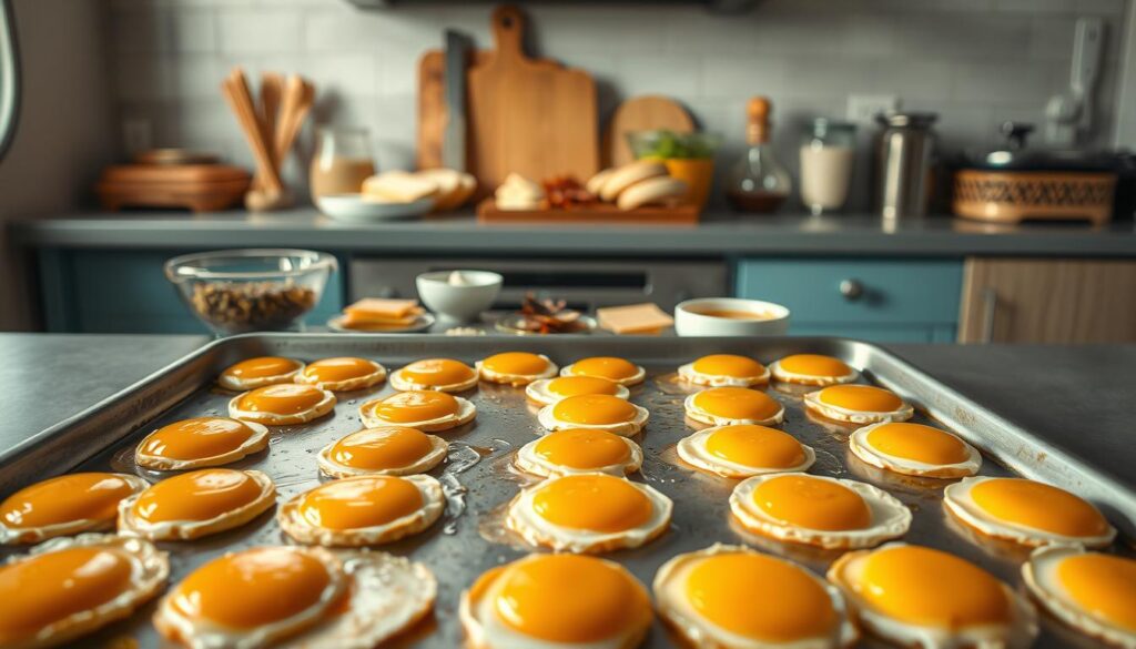 A cozy, minimal kitchen environment with wooden textures and light blue accents. In the foreground, a sheet pan filled with perfectly baked, golden-brown eggs, arranged in a grid formation, ready to be transformed into delectable breakfast sandwiches. On the middle ground, an assortment of fresh, high-quality ingredients - sliced cheese, crispy bacon, fluffy English muffins, and a variety of sauces and seasonings. The lighting is soft and natural, creating a warm, inviting atmosphere. The camera angle is slightly overhead, capturing the expert techniques and attention to detail that make these freezer-friendly breakfast sandwiches a true culinary delight.