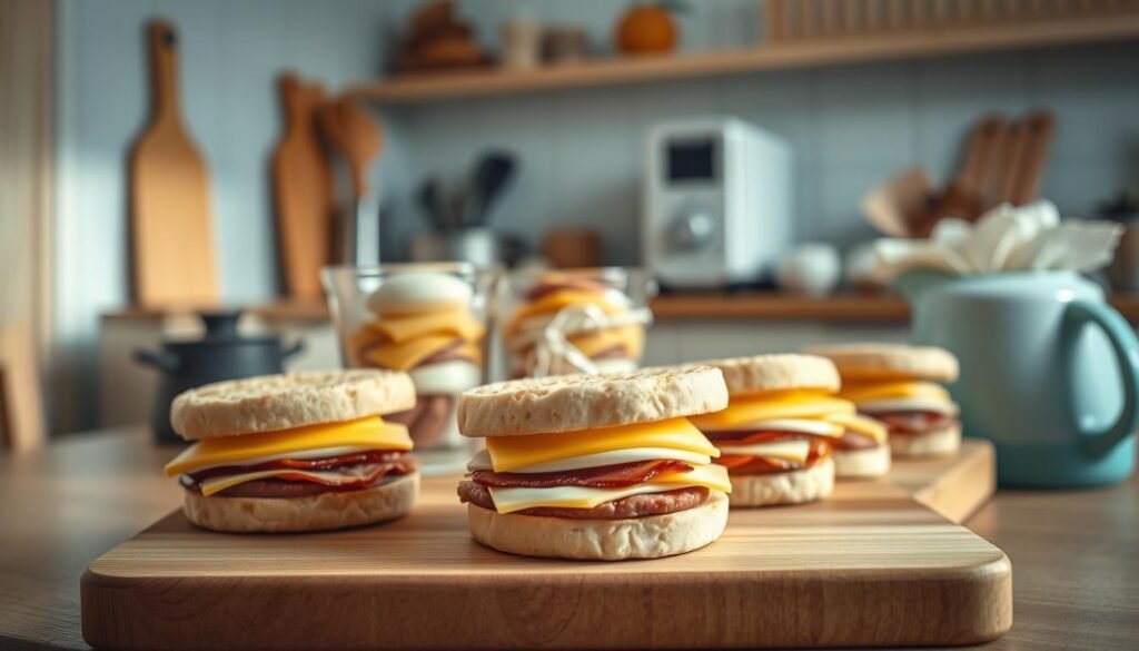 A cozy, minimal kitchen environment with wooden textures and light blue accents. In the foreground, a series of freshly prepared breakfast sandwiches sit on a wooden cutting board, their layers of English muffins, eggs, cheese, and sausage or bacon meticulously arranged. The middle ground features the step-by-step preparation process, with ingredients measured, assembled, and wrapped for freezing. In the background, a few kitchen utensils and appliances create a sense of functionality. The lighting is soft and natural, enhancing the appetizing details of the meal prep. No hand is visible, emphasizing the focus on the final product and the step-by-step process.