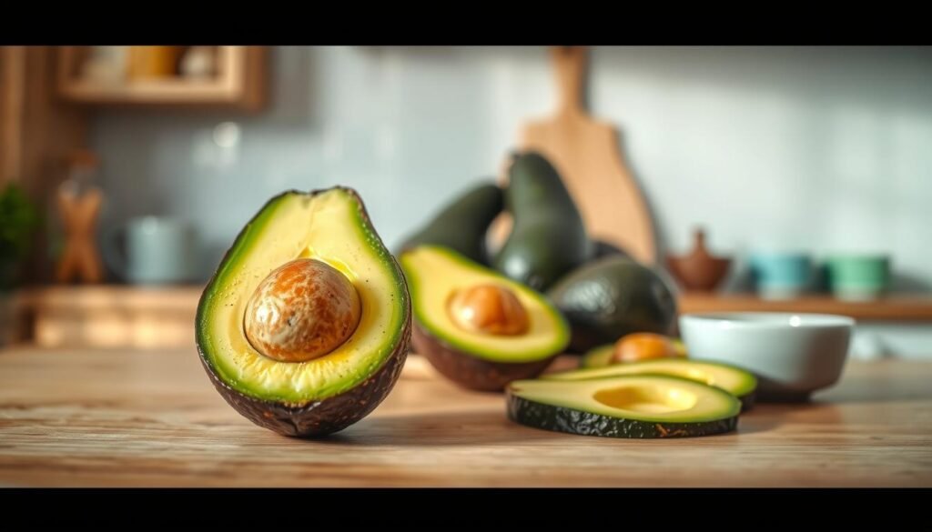 A cozy, minimal kitchen environment with wooden textures and light blue accents. In the foreground, a fresh avocado cut in half, revealing its vibrant green flesh and creamy texture. Soft, natural lighting highlights the avocado's intricate pattern and subtle sheen. In the middle ground, a selection of whole avocados and sliced segments, arranged artfully to showcase their rich nutritional benefits, including healthy fats, fiber, vitamins, and antioxidants. The background features a simple, uncluttered setting, allowing the avocado's vibrant colors and textures to take center stage. No hand visible, focusing the viewer's attention solely on the avocado's captivating visual appeal and nutritional prowess.