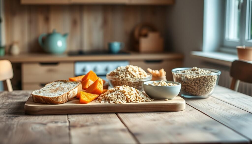 A cozy, minimal kitchen environment with wooden textures and light blue accents. On a rustic wooden table, an arrangement of diverse carbohydrate options for sustained energy - crisp whole grain toast, nutty quinoa, colorful roasted sweet potatoes, and hearty oats. Soft, diffused lighting from a nearby window casts a warm glow, highlighting the natural tones and textures of the ingredients. The scene evokes a sense of nourishment and balance, inviting the viewer to explore these versatile, wholesome carbohydrate choices.