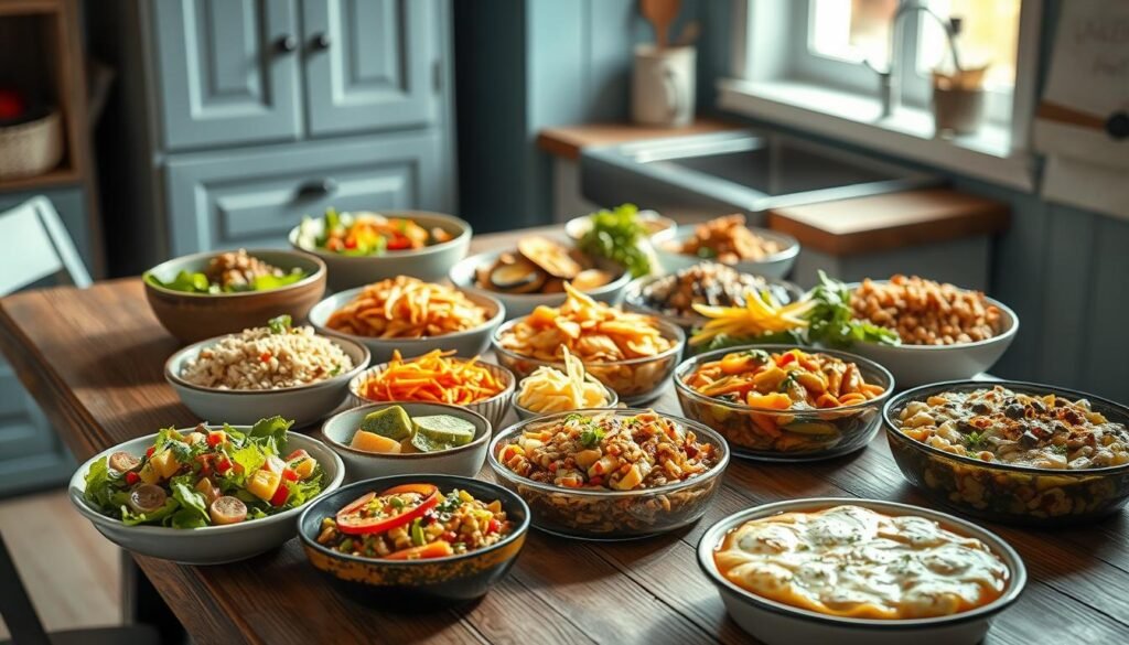 A cozy, minimal kitchen environment with wooden textures and light blue accents. On a rustic wooden table, an assortment of diverse lunch and dinner recipes - freshly prepared salads, hearty grain bowls, vibrant stir-fries, and comforting casseroles. The natural light filtering in creates a warm, inviting atmosphere, highlighting the vibrant colors and textures of the dishes. No hand is visible, allowing the focus to remain solely on the enticing array of nourishing, creative meal options.