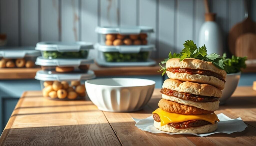 A cozy, minimal kitchen environment with wooden textures and light blue accents. On a rustic wooden table, an assortment of meal prep containers, a crisp white bowl filled with fresh greens, and a stack of homemade breakfast sandwiches. The sandwiches are neatly arranged, showcasing their golden-brown biscuits, savory sausage patties, and melted cheese. Soft, natural lighting illuminates the scene, casting gentle shadows and highlighting the textures of the ingredients. The overall atmosphere is one of simplicity, organization, and the promise of a nourishing, on-the-go breakfast. No hand.