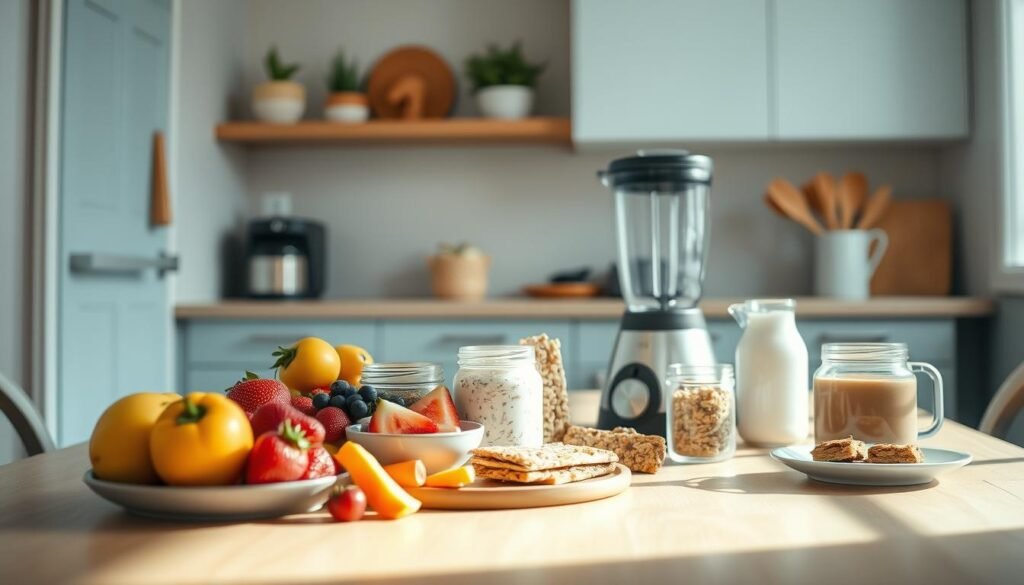 A cozy, minimal kitchen filled with natural light, wooden textures, and light blue accents. In the center, a variety of time-saving breakfast items arranged artfully: fresh fruit, overnight oats, granola bars, and a smoothie blender. The scene conveys a sense of ease and efficiency, showcasing how simple, five-ingredient breakfasts can provide nourishment without sacrificing time. The image is captured from a low angle, emphasizing the inviting atmosphere and the bounty of wholesome, quick-prep options.