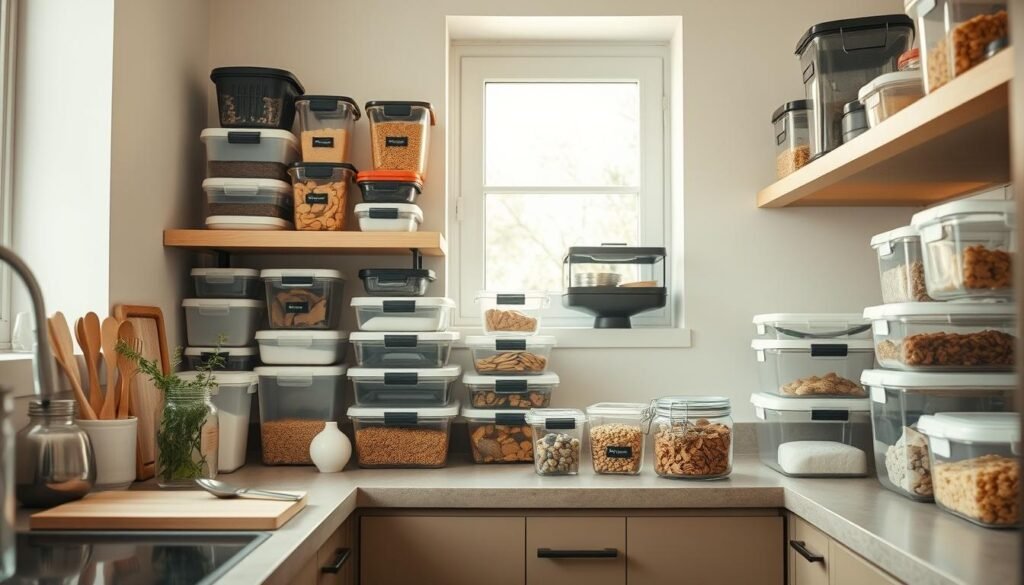 A cozy, minimal kitchen filled with neatly organized storage containers in various sizes, shapes, and materials. The counter is adorned with a cutting board, a few simple kitchen gadgets, and a glass jar filled with fresh herbs. The shelves display a variety of plastic, glass, and stainless steel containers, all labeled with their contents. Soft, natural lighting filters through a window, casting a warm glow over the scene. The overall atmosphere is one of efficiency, organization, and a dedication to making meal prep a breeze.