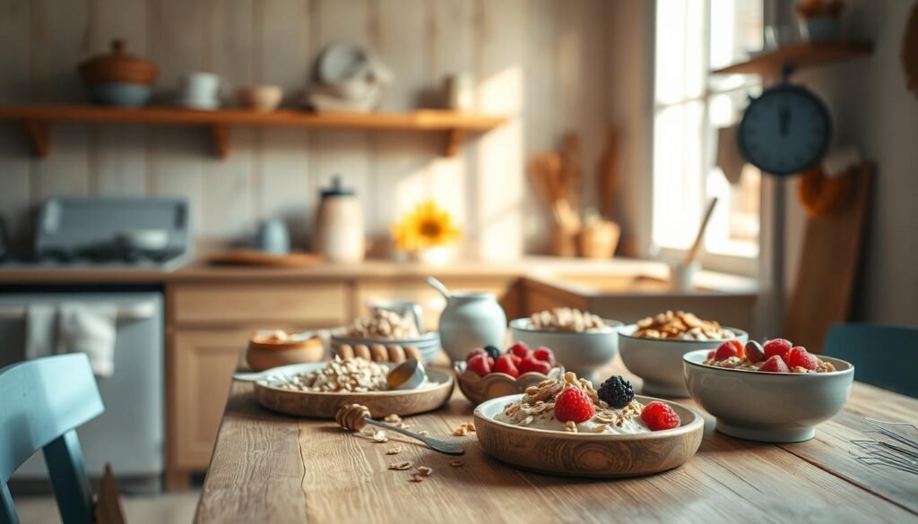 A cozy, minimal kitchen filled with the warm hues of whole grain oats and hearty, homemade recipes. Sunlight filters through a nearby window, casting a gentle glow on wooden textures and light blue accents. A variety of wholesome oat-based dishes are artfully arranged on a wooden table, their textures and colors inviting the viewer to explore their wholesome deliciousness. Fresh berries, nuts, and a touch of honey add pops of color and natural sweetness. The overall atmosphere is one of simplicity, nourishment, and the comforting pleasures of a wholesome, low-sugar breakfast.