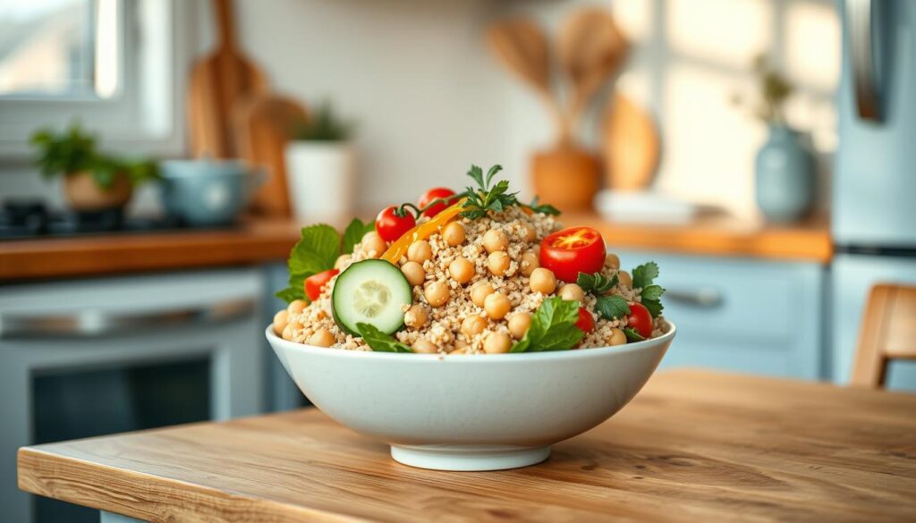 A cozy, minimal kitchen filled with warm wooden textures and light blue accents showcases a vibrant, nutritious chickpea quinoa salad bowl. Arranged artfully, the salad consists of plump chickpeas, fluffy quinoa, crisp veggies like cucumber and cherry tomatoes, and a drizzle of a light, tangy dressing. The bowl is positioned on a simple wooden table, with soft, diffused lighting illuminating the fresh, flavorful ingredients. The overall scene conveys a sense of healthy, effortless elegance, perfect for an innovative high-fiber lunch.