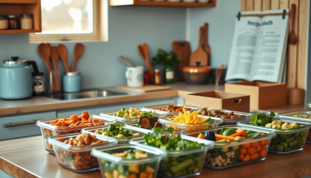A cozy, minimal kitchen filled with wooden textures and light blue accents. In the foreground, an array of neatly arranged meal prep containers filled with healthy, homemade dishes. Spices, herbs, and cooking utensils are artfully displayed on the countertop, while in the background, a recipe book lies open, revealing delicious batch cooking ideas. The scene is bathed in warm, natural lighting, creating a serene and inviting atmosphere, perfect for planning a healthy office meal prep routine.