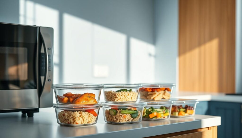 A cozy, minimal kitchen in soft blues and warm wood tones. On the countertop, several airtight glass containers hold meal-prepped high protein dishes - grilled chicken, quinoa, roasted vegetables. A sleek, stainless-steel microwave stands ready to reheat the meals. Natural light streams in, highlighting the clean, organized space. The scene evokes a sense of efficiency and healthy intention, perfect for fueling an active workday.