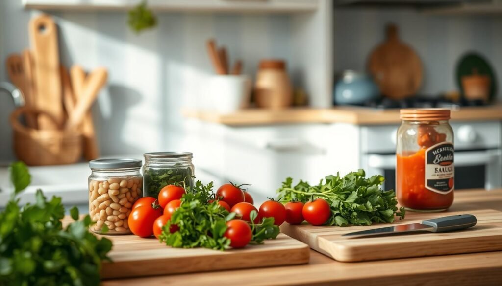 A cozy, minimal kitchen in soft light with wooden textures and light blue accents. On the tidy countertop, a selection of simple, wholesome ingredients - canned beans, fresh herbs, cherry tomatoes, and a jar of pre-made pasta sauce. Nearby, a cutting board with a knife and a handful of greens, ready for a quick, nutritious salad. The atmosphere is calm and inviting, suggesting easy, stress-free weeknight meal preparation.