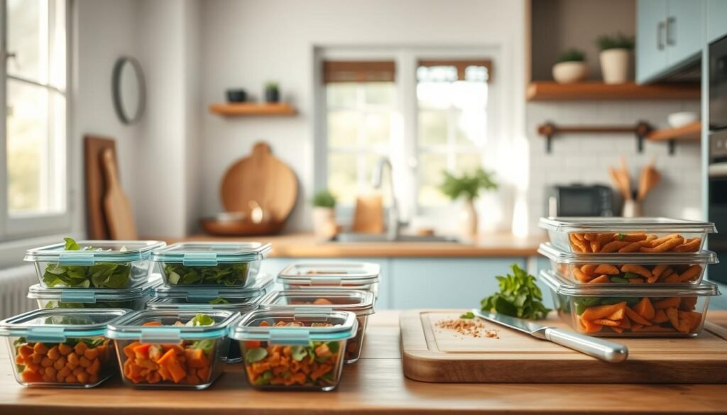 A cozy, minimal kitchen interior with wooden textures and light blue accents. In the foreground, an array of meal prep containers neatly arranged, showcasing a variety of flavorful dishes. In the middle ground, a cutting board with fresh herbs, spices, and a knife, highlighting the preparation process. The background features a window with natural light streaming in, creating a warm, inviting atmosphere. The scene conveys the benefits of a well-planned, nutritious meal prep strategy - efficiency, variety, and the joy of home-cooked flavors.