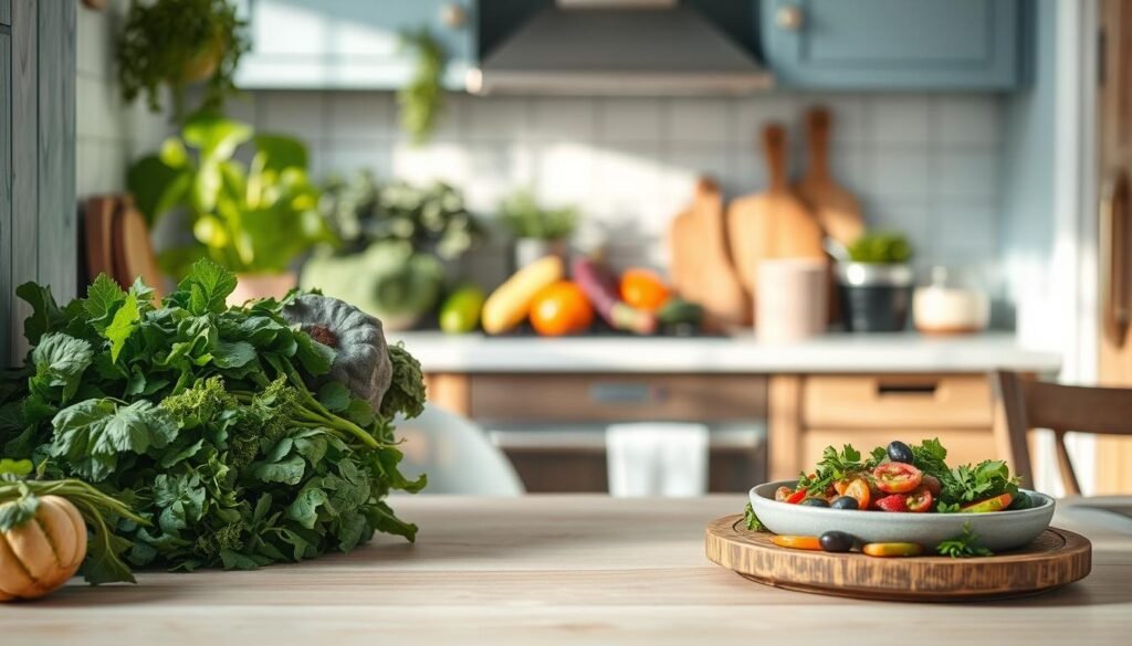A cozy, minimal kitchen interior with wooden textures and light blue accents. On the counter, a variety of fresh, vibrant ingredients such as leafy greens, colorful vegetables, and aromatic herbs. In the foreground, a few simple, wholesome dishes are artfully arranged, showcasing quick and easy anti-inflammatory recipes. The lighting is soft and natural, highlighting the textures and colors. The overall atmosphere is inviting and inspiring, encouraging a healthy, nourishing lifestyle.