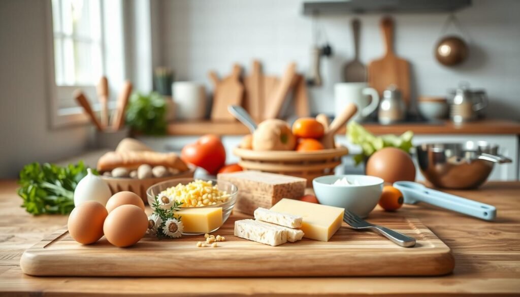 A cozy, minimal kitchen layout with wooden textures and light blue accents. In the foreground, an assortment of breakfast meal prep ingredients like eggs, cheese, bread, and vegetables are neatly arranged on a wooden cutting board. In the middle ground, essential kitchen tools such as a mixing bowl, spatula, and measuring cups are strategically placed, reflecting the "Key Ingredients and Essential Kitchen Tools" theme. The background features clean, white walls and a glimpse of a window, allowing natural light to filter in and create a warm, inviting atmosphere. The overall composition conveys a sense of organization and efficiency, perfect for a commuter-friendly breakfast article.