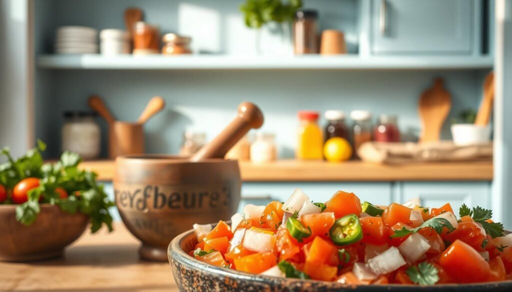 A cozy minimal kitchen, light blue accents and wooden textures, set the stage for a colorful display of Latin Tex-Mex meal prep salsas. In the foreground, freshly chopped tomatoes, onions, cilantro, and jalapeños mingle in a rustic ceramic bowl, their vibrant colors and textures inviting the senses. In the middle ground, a mortar and pestle stand ready to grind spices, while jars of cumin, chili powder, and lime wedges suggest the layered flavors to come. The background features neatly organized spice jars and a clean, uncluttered counter, hinting at the efficient meal prep to unfold. Warm, natural lighting casts a soft glow over the scene, evoking the comforting and approachable nature of this Latin-inspired culinary experience.
