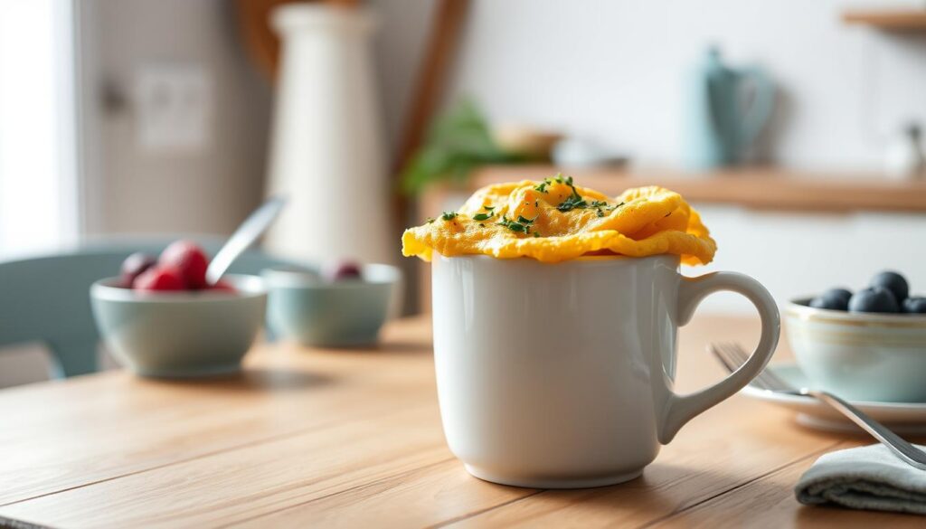 A cozy, minimal kitchen scene with a wooden table and light blue accents. In the foreground, a white ceramic mug filled with a fluffy, golden omelet, sprinkled with fresh herbs. Next to it, a small bowl of fresh berries and a spoon. The mug is positioned to showcase the hearty, homemade meal, illuminated by soft, natural lighting from an unseen window. The atmosphere is warm and inviting, encouraging a quick, satisfying breakfast in a mug.