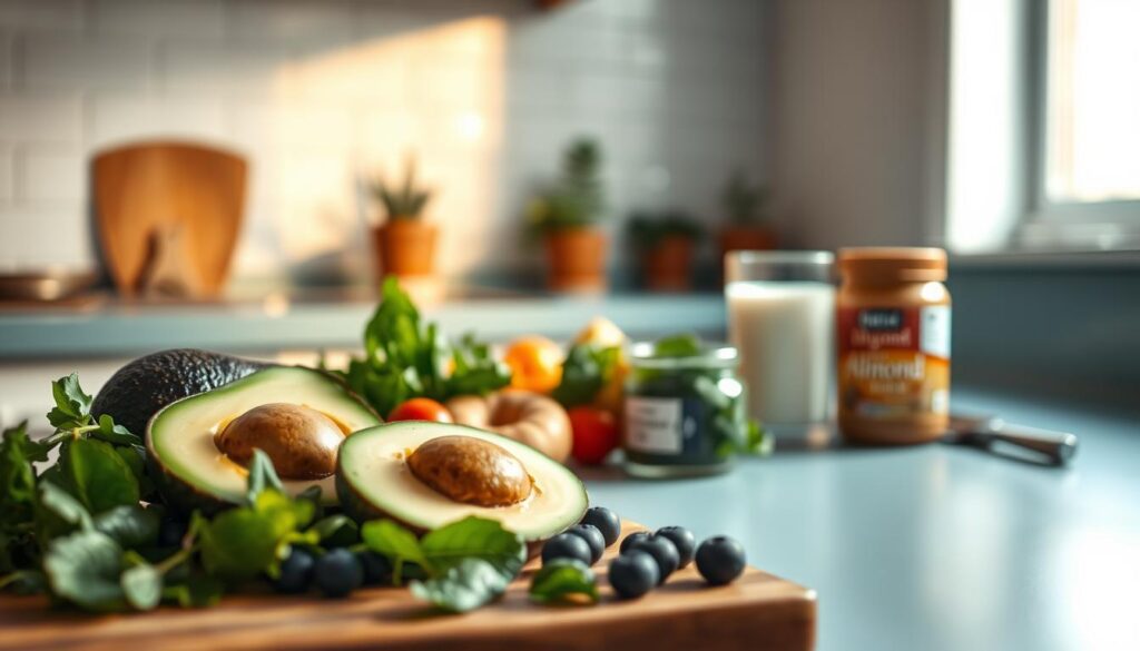 A cozy, minimal kitchen scene with warm, soft lighting illuminating a selection of dairy-free meal ingredients. In the foreground, vibrant fruits and vegetables such as avocado, blueberries, and leafy greens are neatly arranged on a wooden cutting board. In the middle ground, a glass of almond milk and a jar of nut butter sit atop a sleek, light blue countertop. The background showcases a simple, white-tiled wall and a few potted plants, exuding a sense of calm and balance. The overall atmosphere conveys the benefits of dairy-free meals for those with lactose intolerance - nourishing, wholesome, and digestible.