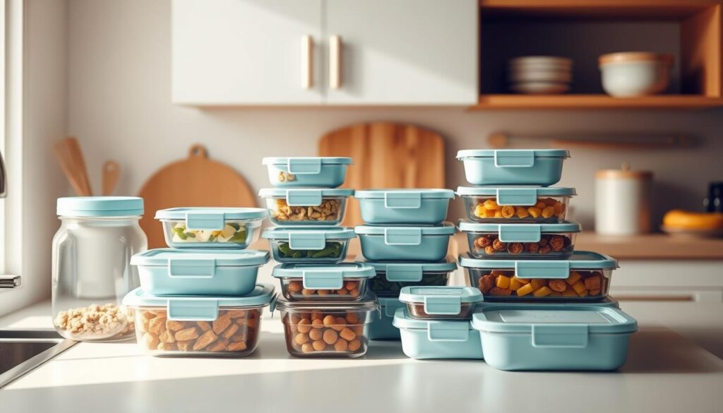 A cozy, minimal kitchen setting showcases an assortment of meticulously organized meal prep containers in various sizes and shapes. The containers, made of durable glass or high-quality plastic, feature sleek, modern designs with light blue accents that complement the wooden textures of the surrounding environment. Carefully arranged on a clean, uncluttered countertop, the containers exude a sense of efficiency and practicality, perfectly suited for the "Low Sugar Breakfast Meal Container Organization System" featured in the article. The scene is illuminated by soft, natural lighting, capturing the containers' clean lines and highlighting their versatility for meal prepping and storage. No hands are present, allowing the containers to take center stage as the focal point of the image.
