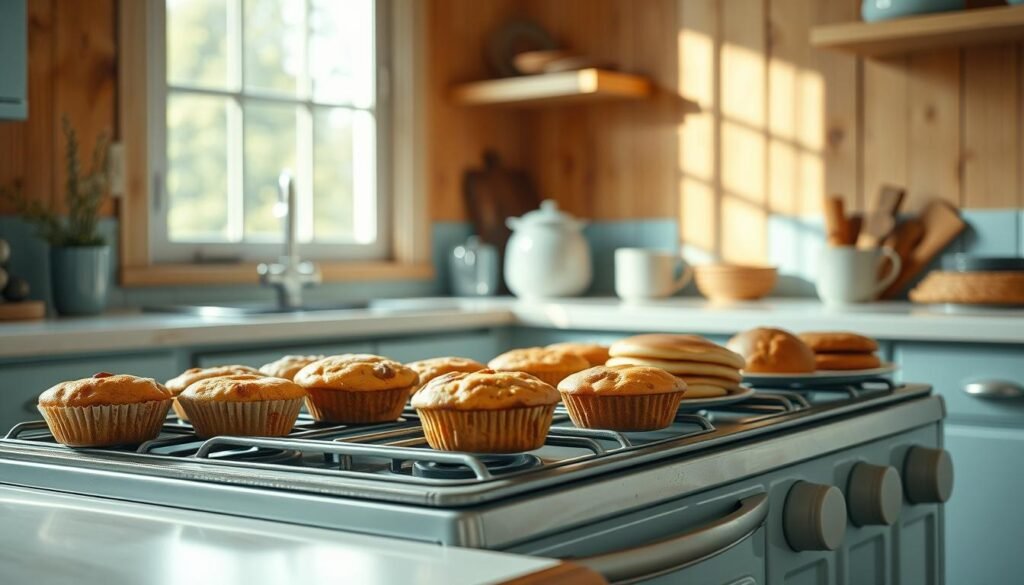 A cozy, minimal kitchen setting with warm wooden textures and light blue accents. In the foreground, an assortment of freshly baked goods - muffins, pancakes, and pastries - gently reheating on a vintage-inspired stove, their golden crusts emitting a tantalizing aroma. Soft, natural lighting from a large window illuminates the scene, casting gentle shadows and highlighting the delicate details of the baked treats. The overall atmosphere is one of comfort, simplicity, and the inviting promise of a delicious, home-cooked breakfast.
