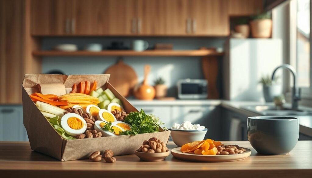 A cozy, minimal kitchen setting with warm wooden textures and light blue accents. On the countertop, a carefully curated protein box case study display features an assortment of healthy, colorful ingredients - sliced vegetables, boiled eggs, roasted nuts, and cottage cheese. The lighting is soft and natural, creating a peaceful, workplace-friendly atmosphere. The camera captures the scene from a slightly elevated angle, highlighting the balanced composition and the inviting appeal of the protein-rich meal solutions.