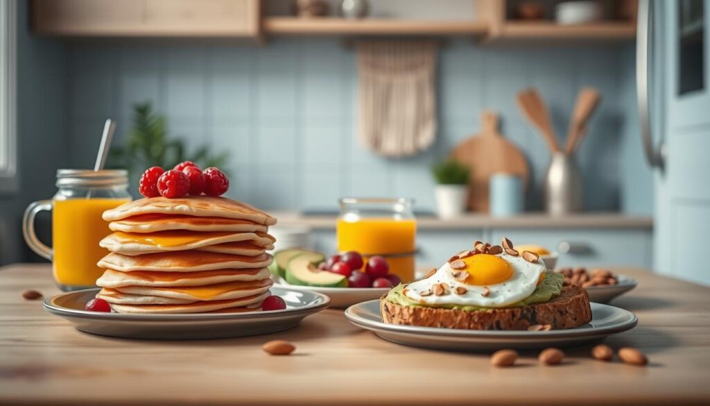 A cozy, minimal kitchen setting with wooden textures and light blue accents. In the foreground, an arrangement of various breakfast items - a stack of golden pancakes, a bowl of fresh berries, a jar of honey, and a glass of orange juice. In the middle ground, a slice of avocado toast, a poached egg, and a handful of toasted almonds. In the background, a potted plant and a simple wall hanging provide a sense of warmth and tranquility. The lighting is soft and natural, capturing the mood of a leisurely morning. No hand visible, allowing the focus to remain on the creative breakfast ideas.