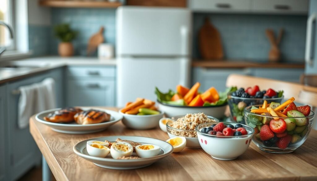A cozy, minimal kitchen setting with wooden textures and light blue accents. On a wooden table, an assortment of protein-packed meal prep options are carefully arranged - grilled chicken breasts, hard-boiled eggs, roasted vegetables, quinoa salad, and Greek yogurt with berries. The lighting is soft and natural, highlighting the vibrant colors and textures of the foods. The overall atmosphere is inviting and conducive to healthy, family-friendly meal planning. No hand or human elements are present, allowing the food to be the primary focus.
