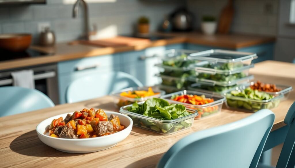 A cozy, minimal kitchen with a wooden table, light blue accents, and no hands in view. On the table, an array of meal prep dishes, including a hearty stew with tender chunks of beef, vibrant roasted vegetables, and a fresh green salad with a homemade vinaigrette dressing. The gentle glow of natural light filters through the window, casting a warm, inviting atmosphere. Carefully arranged ingredients and neatly organized containers suggest a thoughtful, clean-eating approach to office meal prep for dinner.