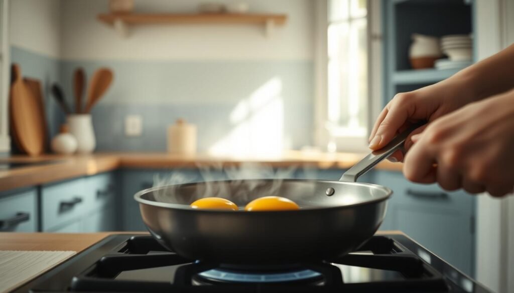 A cozy, minimal kitchen with light blue accents and natural wood textures. In the center, a pan sizzles with perfectly cooked eggs, their whites firm yet yolks runny. The cook carefully flips them, avoiding the common pitfall of rubbery, overcooked eggs. Sunlight streams through a nearby window, casting a warm glow over the scene. The cook's hands, unseen, work with precision, demonstrating the tips and tricks for achieving the ideal breakfast egg. An atmosphere of quiet focus and culinary mastery pervades the space.
