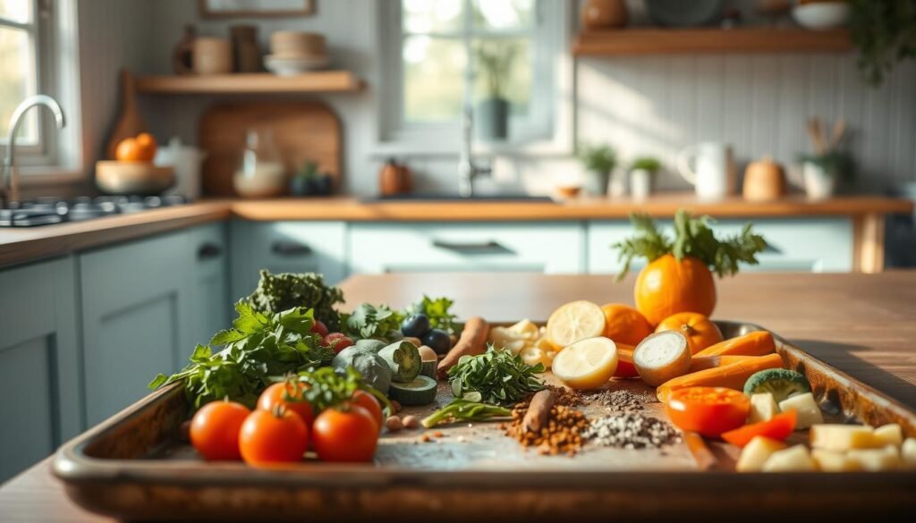 A cozy, minimal kitchen with light blue accents and natural wooden textures. On a rustic baking sheet, an assortment of fresh vegetables, herbs, and spices lie neatly arranged, ready for a one-pan meal. The scene is bathed in soft, diffused lighting, casting gentle shadows and highlighting the textures of the ingredients. The camera is positioned at a low angle, emphasizing the simplicity and practicality of the step-by-step recipe instructions for a Whole30 compliant, grain-free one-pan meal.