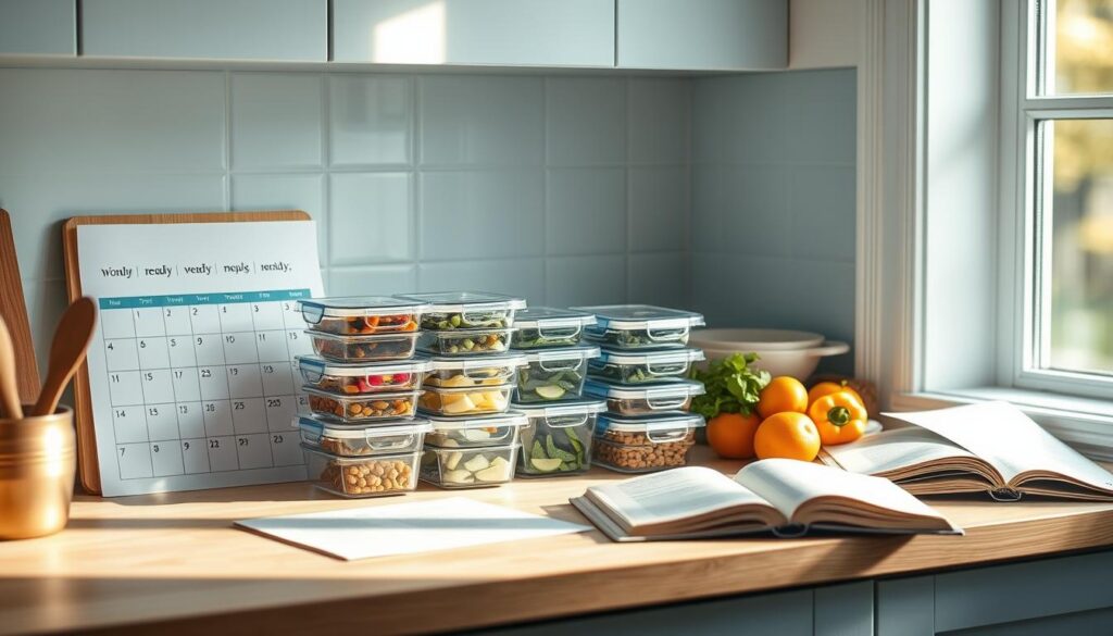 A cozy, minimal kitchen with light blue accents and natural wooden textures. On the countertop, a neatly organized array of glass meal prep containers, color-coded and labeled, accompanied by a weekly meal planning calendar. A cutting board, fresh produce, and a well-used cookbook hint at the meal prepping process. Soft, natural lighting casts a warm glow, creating an atmosphere of efficiency and thoughtfulness. The scene conveys a sense of control and organization, supporting the 