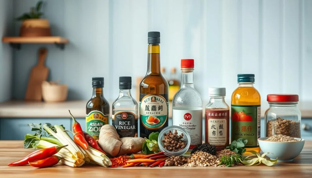 A cozy, minimal kitchen with light blue accents and warm wooden textures forms the backdrop. In the foreground, an assortment of essential Asian pantry ingredients is neatly arranged: fragrant lemongrass, vibrant chili peppers, ginger root, soy sauce, rice vinegar, and a variety of dried spices and herbs. The lighting is soft and natural, casting a gentle glow over the scene, highlighting the intricate details and colors of the ingredients. The composition is balanced and visually appealing, inviting the viewer to imagine the authentic flavors and techniques that can be achieved with these essential elements.