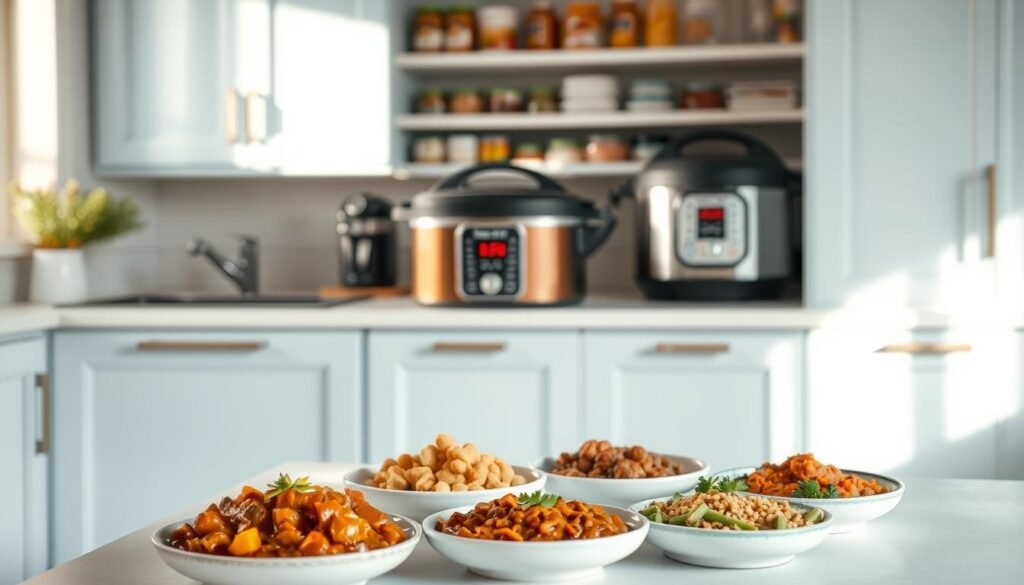 A cozy, minimal kitchen with light blue accents and warm wooden textures sets the stage for a delightful display of slow cooker and instant pot freezer meals. In the foreground, a variety of hearty, nutritious dishes - from rich stews to flavorful curries - are neatly arranged, their enticing aromas filling the air. The middle ground features the iconic appliances, their sleek designs complementing the room's aesthetic. In the background, a clean, uncluttered shelf showcases an assortment of pantry staples, lending an organized, purposeful feel to the scene. Soft, natural lighting bathes the entire composition, creating a cozy, inviting atmosphere that captures the essence of effortless meal preparation.