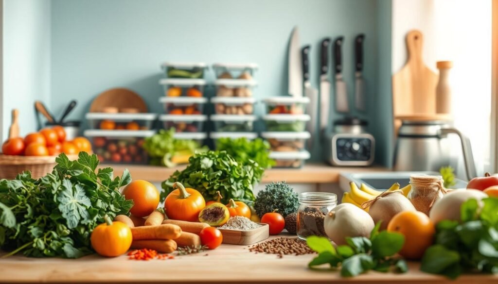 A cozy, minimal kitchen with light blue accents and warm wooden textures sets the stage for an array of carefully curated "creative meal prep essentials." In the foreground, an assortment of fresh vegetables, herbs, and seasonings in earthy tones pop against the clean backdrop. In the middle ground, a selection of meal prep containers, high-quality knives, and a sleek blender suggest the tools needed to craft flavorful, varied workweek meals. The background features a subtle, soft lighting that casts a gentle glow, inviting the viewer to imagine the delicious, nourishing dishes that can be produced with these essential elements.
