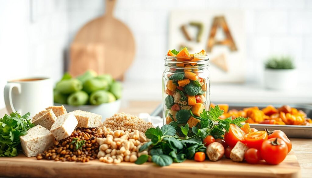 A cozy, minimal kitchen with light blue accents and warm wooden textures sets the stage for an array of alternative protein meal prep ideas. In the foreground, an assortment of plant-based proteins such as tofu, lentils, and tempeh are neatly arranged on a wooden cutting board, accompanied by an array of fresh vegetables and herbs. In the middle ground, a mason jar filled with a vibrant protein-packed salad takes center stage, while in the background, a baking sheet showcases roasted chickpeas, edamame, and sweet potato cubes. The natural lighting casts a soft, inviting glow, creating a serene and inspirational atmosphere for exploring creative, sustainable protein options beyond traditional chicken.