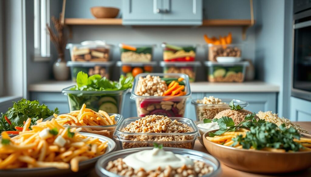 A cozy, minimal kitchen with light blue accents and warm wooden textures. In the foreground, a variety of freshly prepared lunch items - crisp vegetables, tender grains, creamy dips, and fragrant herbs. The textural contrast is highlighted by the soft, even lighting, creating a sense of harmony and balance. In the middle ground, meal prep containers in various shapes and sizes, each brimming with a unique combination of flavors and textures. The background features a clean, uncluttered space, allowing the vibrant colors and inviting aromas to take center stage. The overall atmosphere evokes a sense of calm and satisfaction, perfectly capturing the essence of "Mastering Lunch Meal Prep Texture Variety."