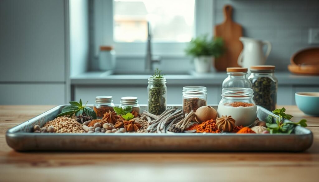 A cozy, minimal kitchen with light blue accents and warm wooden textures. On a clean, rustic sheet pan, an array of spice jars, dried herbs, and whole spices are arranged artfully, creating a visual symphony of global flavors. The lighting is soft and natural, casting gentle shadows that accentuate the textures and depths of the scene. The overall mood is one of inspiration and culinary exploration, inviting the viewer to imagine the myriad of flavor combinations that can be crafted from this curated selection of ingredients.