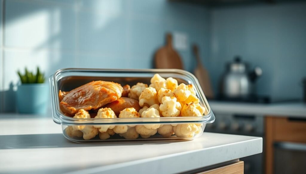 A cozy, minimal kitchen with light blue accents and warm wooden textures. On the counter, a well-arranged meal prep container holds tender, golden-brown chicken breasts alongside a vibrant pile of lightly roasted cauliflower florets. The scene is bathed in soft, natural light, creating a calming and inviting atmosphere. The camera captures the meal at a slight angle, emphasizing the delicious simplicity of this keto-friendly lunch option.